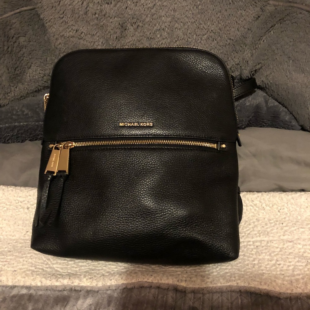 Michael Kors Black GoldTone Rhea Slim ZIP Backpack